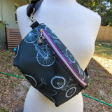 Bikes print. REPREVE, Choose Made Pattern fanny/sling